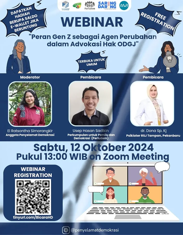 Webinar poster for “Peran Gen Z sebagai Agen Perubahan dalam Advokasi Hak ODGJ”, Sabtu 12 Oktober 2024