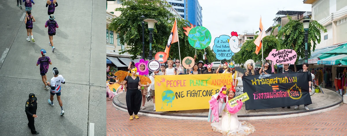 Runners moving along a road beside a colorful climate parade with banners and costumes