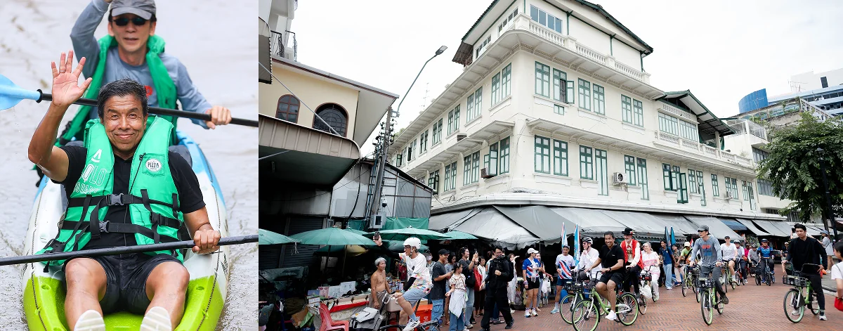 A participant kayaking and waving beside cyclists riding through a Bangkok street lined with shophouses