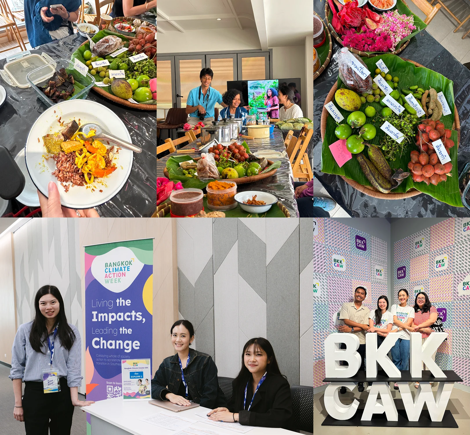 A collage of shared local meals and produce alongside the team at the Bangkok Climate Action Week venue