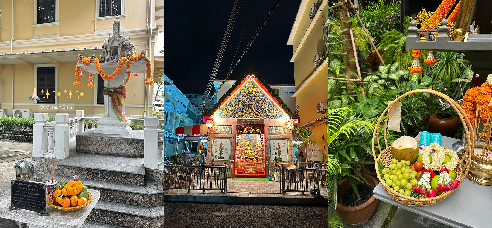 Garlanded and illuminated spirit shrines with baskets of fruit and garlands left as offerings